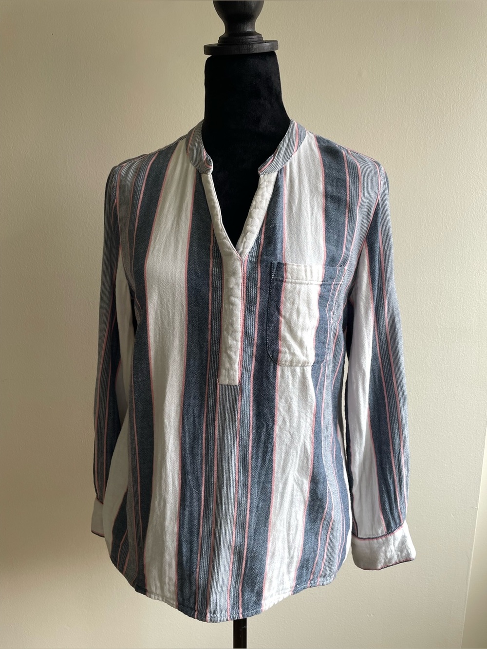 Style & Co 100% Cotton Striped Popover Blouse PM Petite Medium